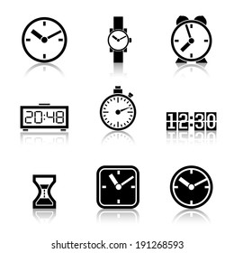 Set of vector icons of time, clocks, watches - isolated on white with reflections.