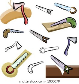 Um conjunto de ícones vetoriais de ferramentas em cores e renderizações em preto e branco.