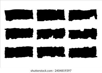 Set of vector icons of torn paper pieces. Various black rectangular jagged borders and frames