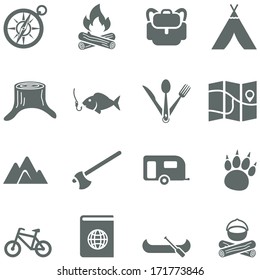 Set of vector icons for tourism, travel and camping. 