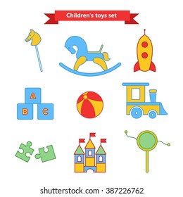 Set of vector icons of toys. Collection of toys for children. Vector illustration in a flat style. Vector elements for web design, mobile applications, design flyers, discounts and advertising