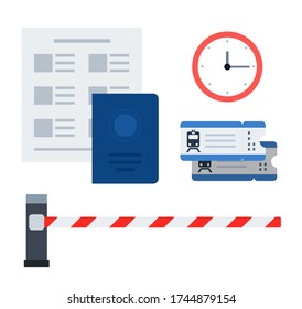 Establezca los iconos vectoriales del equipo de tranvía y los documentos del conductor y del pasajero en un diseño plano.
