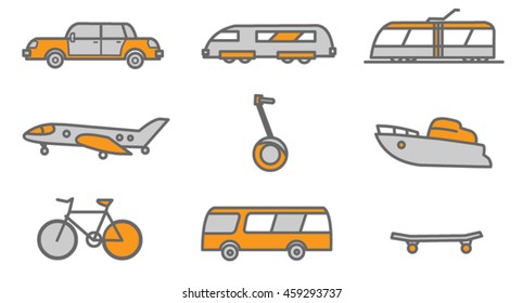 Set vector icons, transport, bus, boat, bicycle, tram, skate, car