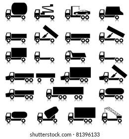 Set of vector icons - transportation symbols.  Black on white. Cars, vehicles. Car body.