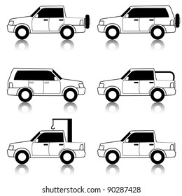Set of vector icons - transportation symbols. Black on white. Cars, vehicles. Car body.