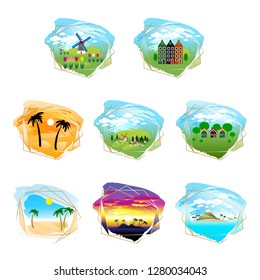 Set of vector icons for travel business. Landscapes. 