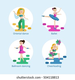 Set of vector icons. Types of dance styles for girls.