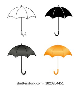 Set of vector icons of umbrellas isolated on white background. Linear, silhouette, color illustrations of open umbrellas.