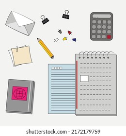 Set of vector icons. Universal icons. Calculator, pin, pencil, buttons, paper clip, notepad, envelope. Stationery set.