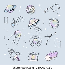 Set of vector icons or universe symbols. Isolated sign of saturn planet and astronaut helmet, comet and satellite, ufo and sun orbit, constellation and spaceship, asteroid. Galaxy, science pictogram