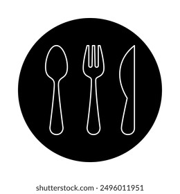 Set of vector icons of utensils for eating, spoon, fork and knife. striped design with black color circle background.
