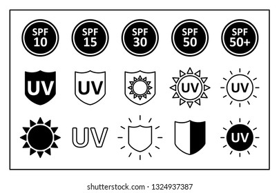Set of vector icons. UV, SPF, Sun, Shield.