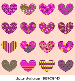 Set of vector icons Valentine's Day. Decorative abstract patterns, flowers into heart, design elements for decoration