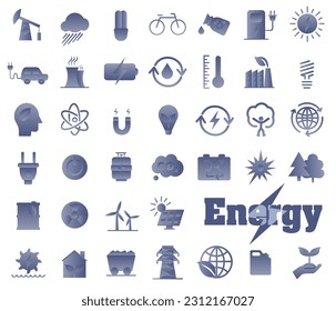 Set of vector icons of various energy sources. Blue light gradient. ESP 10.