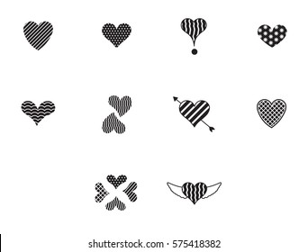 Set of vector icons with various heart shape against white background