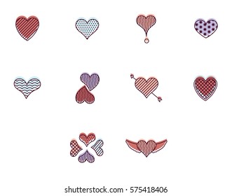 Conjunto de iconos vectoriales con varias formas cardíacas contra fondo blanco