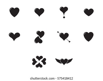 Set of vector icons with various heart shape against white background