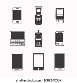 A set of vector icons, various types of mobile phones of different production time and laptop. Flat design with a thin line.