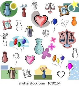 A set of vector icons of vases and other home decorations in color, and black and white renderings.