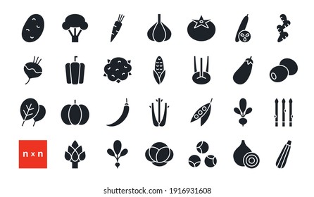 Set of vector icons. Vegetables. Black isolated silhouette. Fill solid icon, glyph. Modern design. Healthy food and vitamins