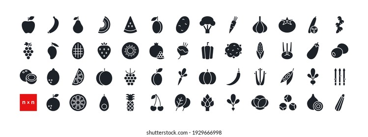 Set of vector icons. Vegetables, fruits and berries. Black isolated silhouette. Fill solid icon, glyph. Modern design. Healthy food and vitamins.