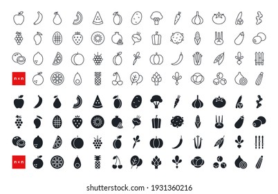 Set of vector icons. Vegetables, fruits and berries. Black isolated silhouette. Fill solid icon, glyph. Contour, shape, outline. Thin line. Modern design. Healthy food and vitamins.