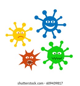 Set vector icons viruses. Colored viruses, angry, funny, dangerous, sad. Illustration in flat style. Virus smiling face. 