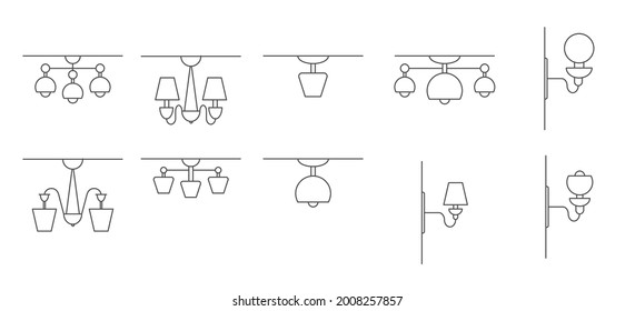 set of vector icons for wall sconces, wall and ceiling lamps. Stock illustration, isolated on a white background. Simple linear design. Flat design