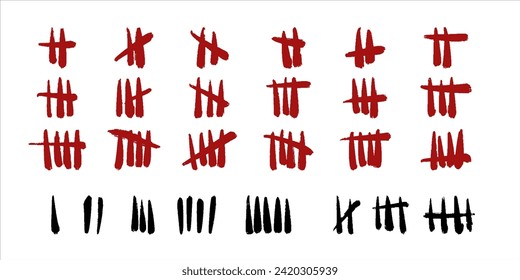 Conjunto de iconos vectoriales. Marcas de conteo de pared. Golpes de barra negra y roja en fondo blanco