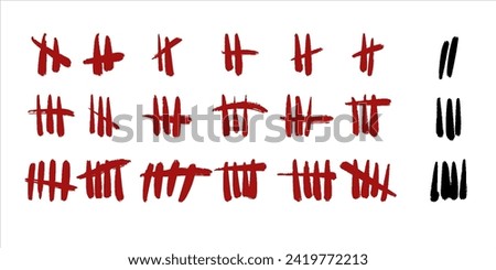 Set of vector icons. Wall tally marks. Black, red grunge slash strokes on white backdrop