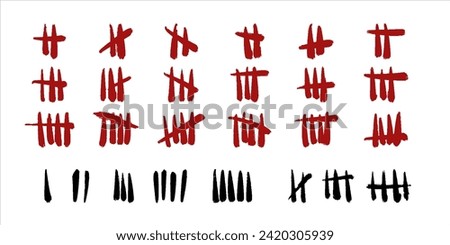 Set of vector icons. Wall tally marks. Black, red grunge slash strokes on white backdrop