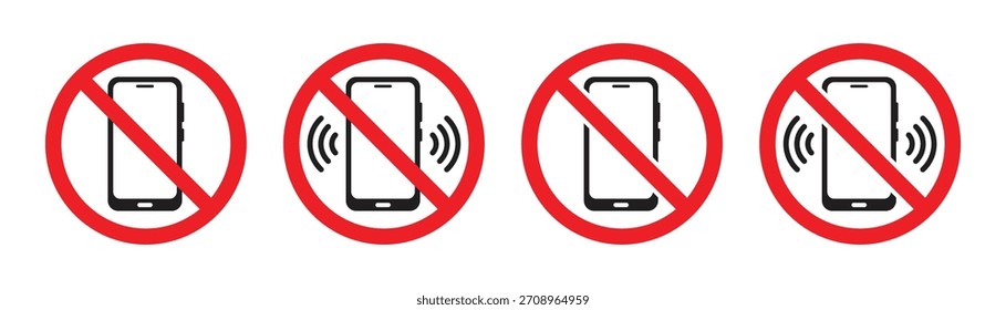 Conjunto de iconos vectoriales de advertencia desactiva el teléfono o el modo de teléfono silencioso. Ilustración vectorial