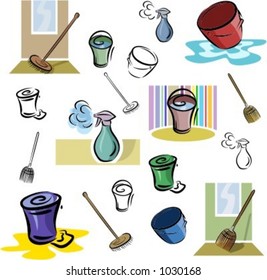 A set of vector icons of washing and cleaning tools in color, and black and white renderings.