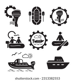 A set of vector icons for water transport. Boat and outboard motor.