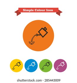 Set of vector icons with watering can pouring water on plant, with text on red ribbon