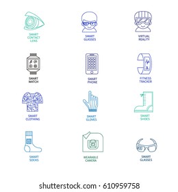 Set of vector icons for wearable technologies. Smart glasses, fitness tracker, smart phone, e-textile clothing, smart shoes, watch, virtual reality helmet, camera, gloves. Color thin line design. 