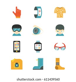 Set of vector icons for wearable technologies. Smart glasses, fitness tracker, phone, e-textile clothing, shoes, watch, virtual reality helmet, camera etc. Flat design. Good choice for infographic/web