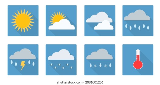 A set of vector icons with weather symbols in a flat style. Sunny, cloudy, rain, snow, thunderstorm, thermometer. Meteorology.