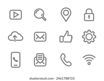 Set of vector icons for website - pin, lock, player, loupe, thumbs up, gear, cloud and mail, phone handset, wi-fi, cell phone, envelope. In bold line