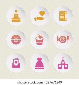 A set of vector icons for wedding, love, party. cake, hand, heart, letter, gift, box, cake, cook, envelope, dress, church.