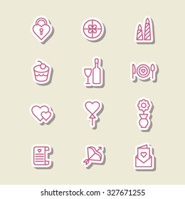 A set of vector icons for wedding, love, party. balloon, flower, pot, candle, bow, envelope, cook, heart, lock, gift, box, letter, cake, wine.