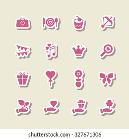 A set of vector icons for wedding, love, party. bag, cook, gift, box, balloon, flag, note, hand, heart, cake, bow, flower, pot, ribbon, crown, clover, magnifier.