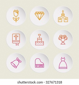 A set of vector icons for wedding, love, party. flower, diamond, church, holy bible, cake, bouquet, bell, piano, dress.