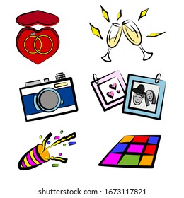 Set of vector icons for a wedding party. Proposal of a marriage, photos, champagne and of course dancing.