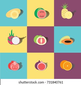 Set of vector icons where different fruits are illustrated: pineapple, watermelon, melon, dragon fruit, grapefruit, papaya, guava, garnet, figs, orange. Shopping basket in grocery shop of heathy goods