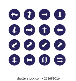Set of vector icons. White arrow isolated on a dark blue background.