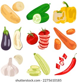 Set of vector icons of whole and sliced vegetables. Natural farm vegetables. Realistic image of products.