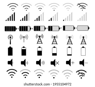 Set of vector icons. Wi-Fi network, battery charge, mute,
communication signal. Wireless Internet. Collection of black signs isolated on white background. Communication concept. Modern technologies