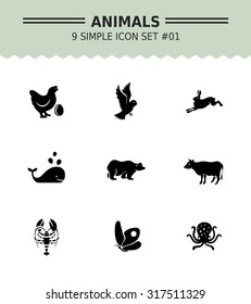 Set of vector icons with wild and domestic animals concepts, isolated on white