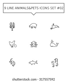 Set of vector icons with wild and domestic animals concepts, isolated on white